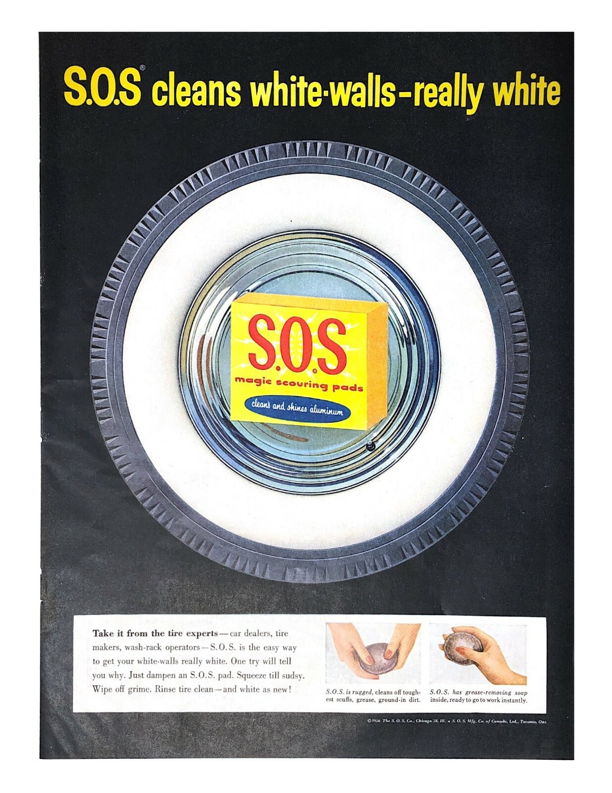 1956 SOS Cleaning Pads Vintage Print Ad Cleans White Walls Really White Tires