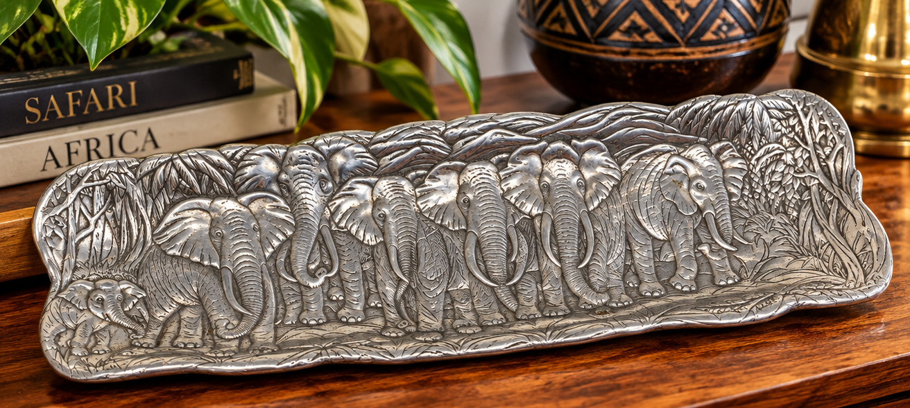 Vintage 1986 Arthur Court Elephant Herd Cast Aluminum Serving Tray 19