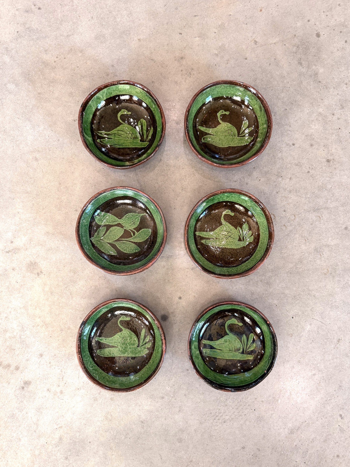 Vintage Patamban Pottery Condiment Bowls Set of 6 Hand Painted Bird Folk Mexico