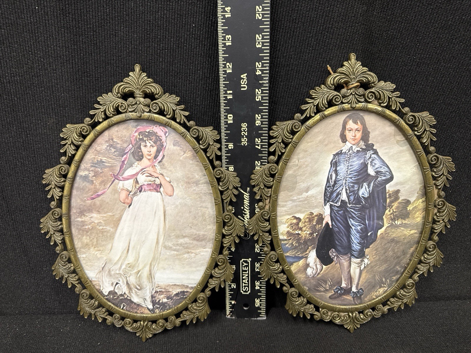 Vintage Italian Brass Oval Picture Frames Pair Ornate Boy Girl