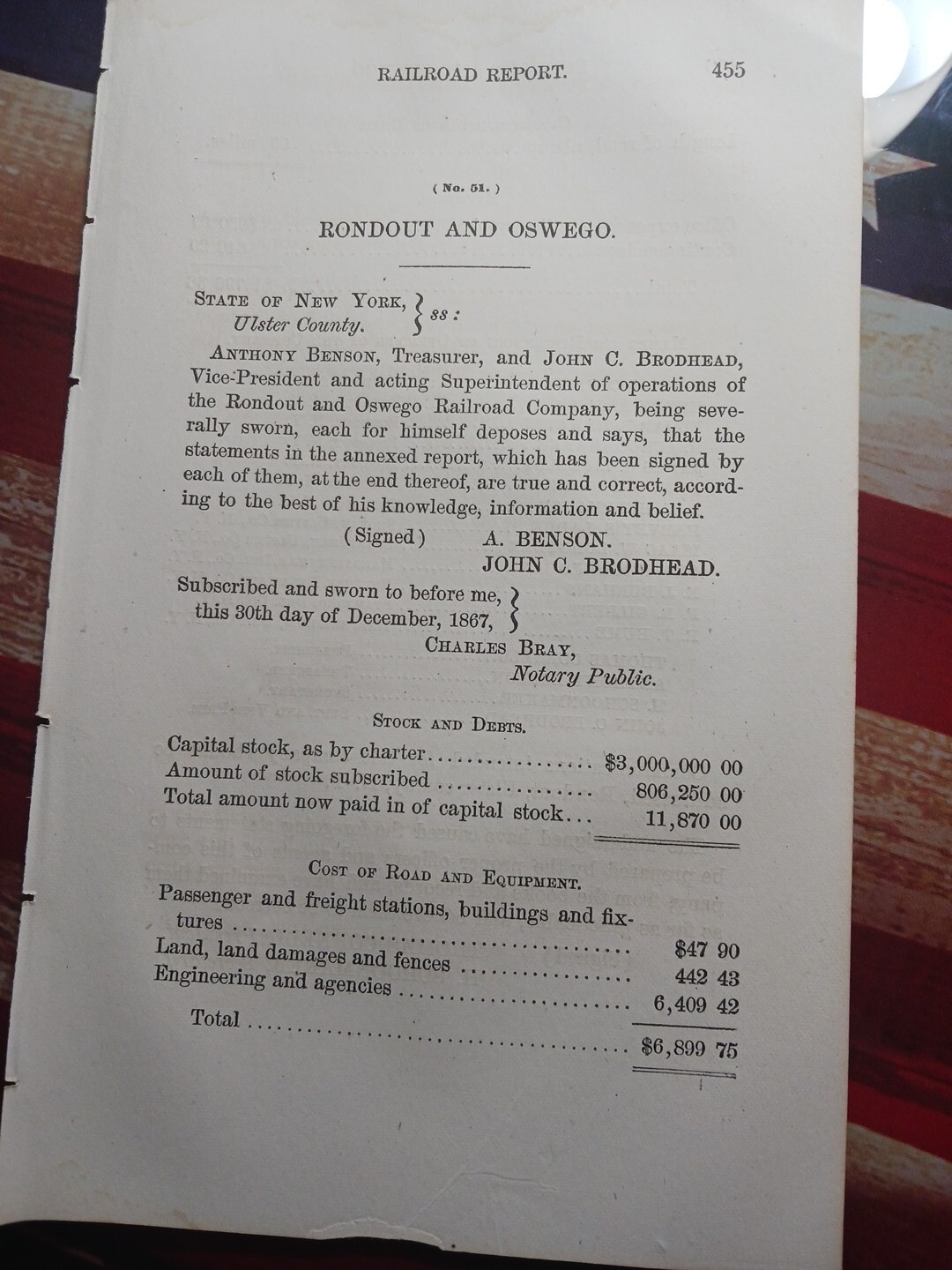 ☆1867 train report RONDOUT & OSWEGO RAILROAD ~Thomas Cornell Prez ~ New York