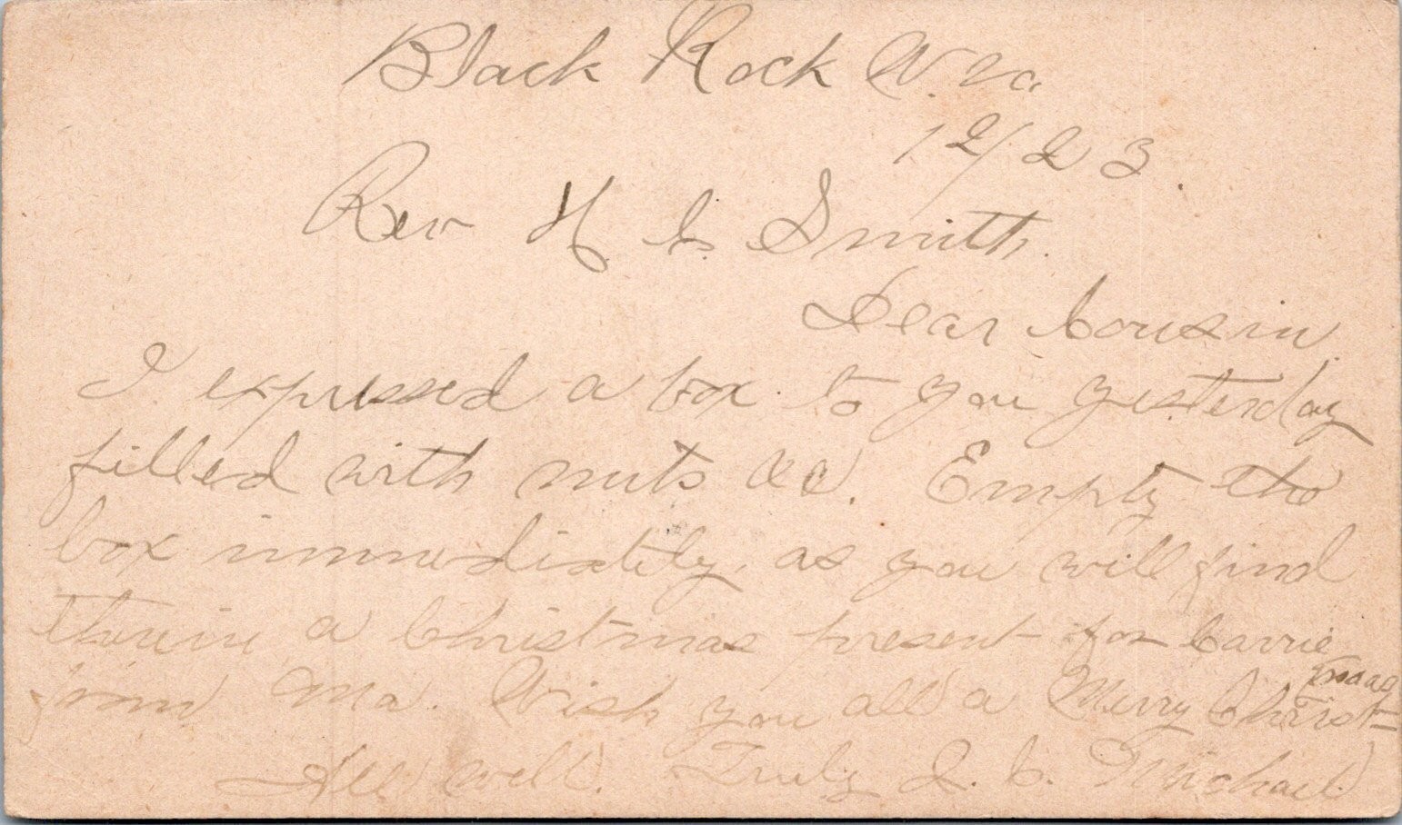 1883 Black Rock West Virginia to Parris WV Postal Card Christmas Present Mail 1883 Black Rock West Virginia to Parris WV Postal Card Christmas Present Mail