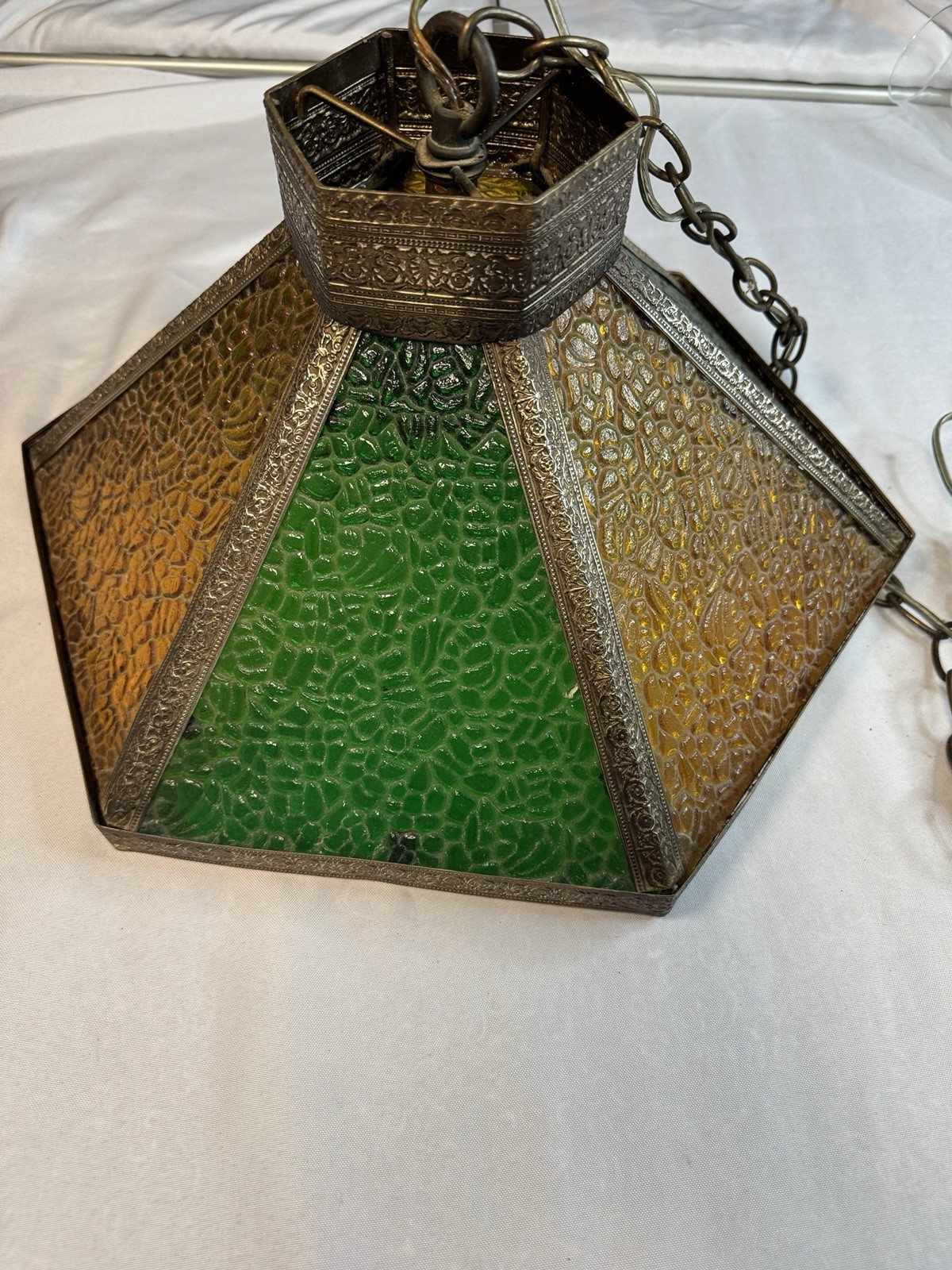 Vintage 70s Swag Lamp Green Amber Slag Crackle Stained Glass Hanging Pendant Vintage 70s Swag Lamp Green Amber Slag Crackle Stained Glass Hanging Pendant