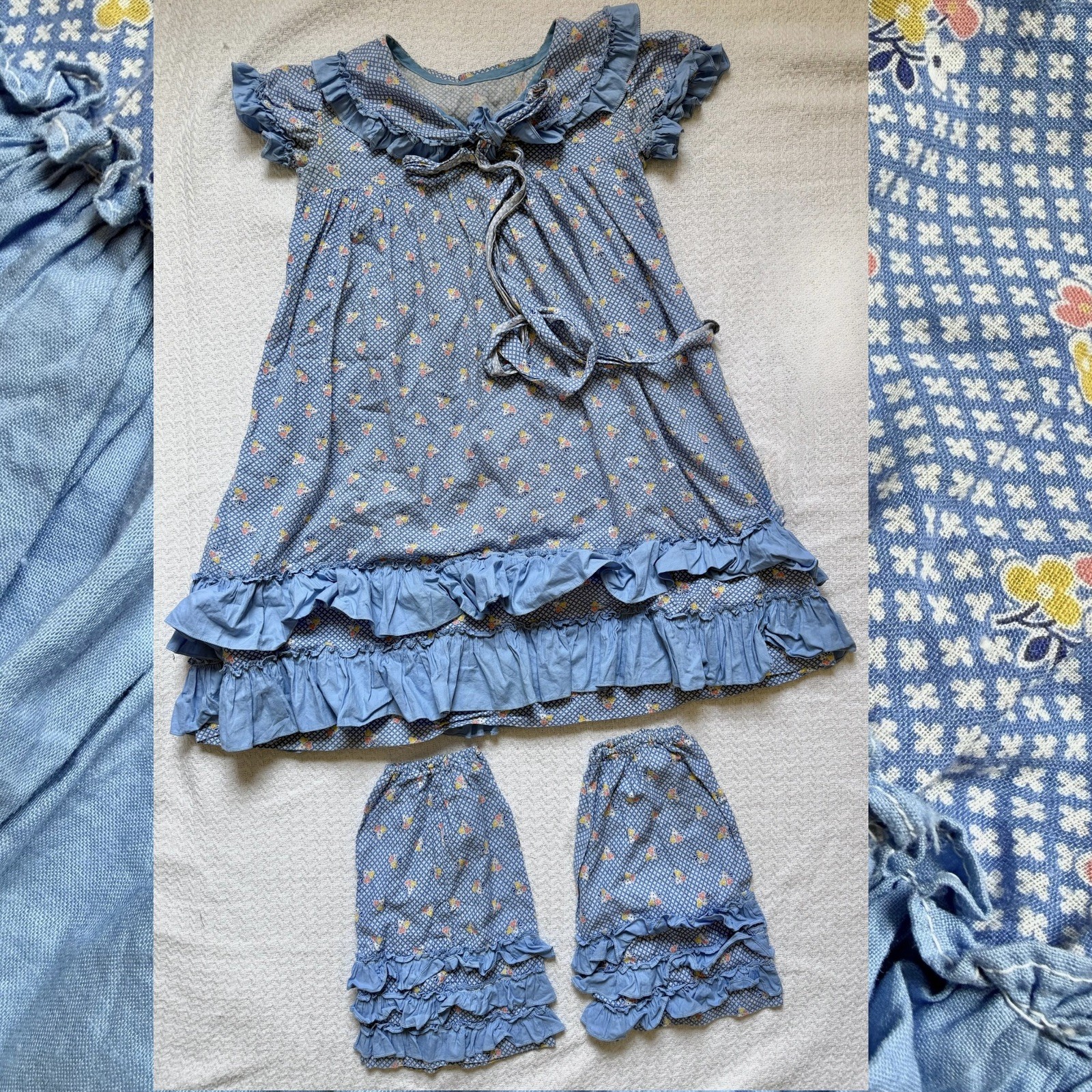 VTG 70s Blue Calico Prairie Dress & Pantaloons Set Girls Holly Hobbie Ruffle 2pc