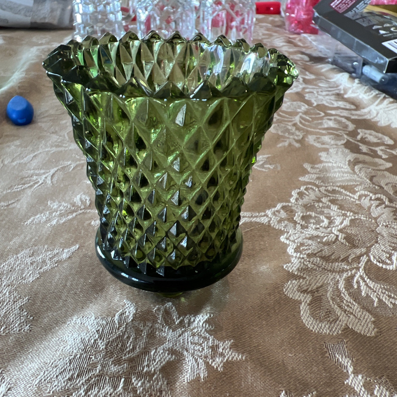 1 Vintage Homco Votive Cup Diamond Cut Candle Holder Avocado Green 3.5” E1