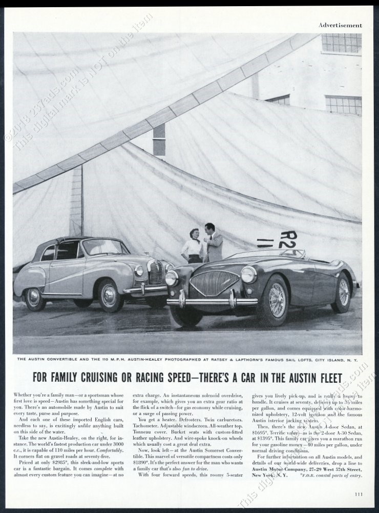 1954 Austin Healey 100 & sedan car boat sail photo vintage print ad