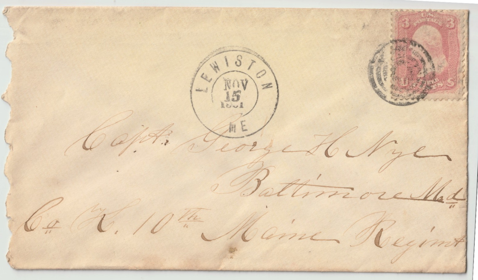 1861 Civil War Cover 10th Maine Capt George Nye Lewiston ME, ARLINGTON NATL CEM