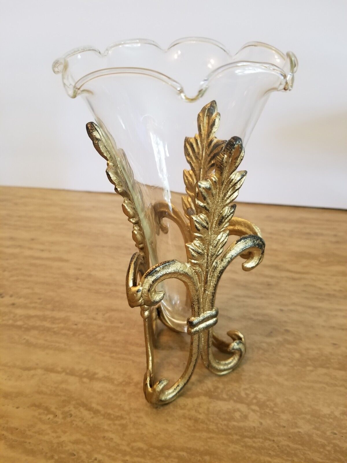 Vintage Art Glass Vase With Brass Holder Stand.  8\