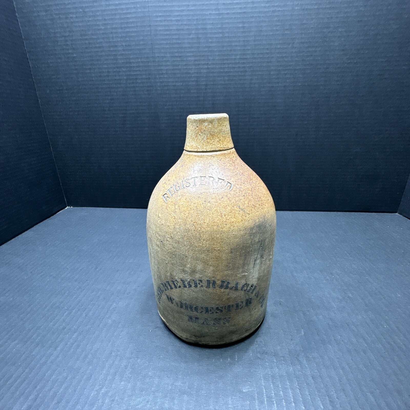 VINTAGE BIEBERBACH WORCESTER MASS DECORATED STONEWARE JUG SALT GLAZED 