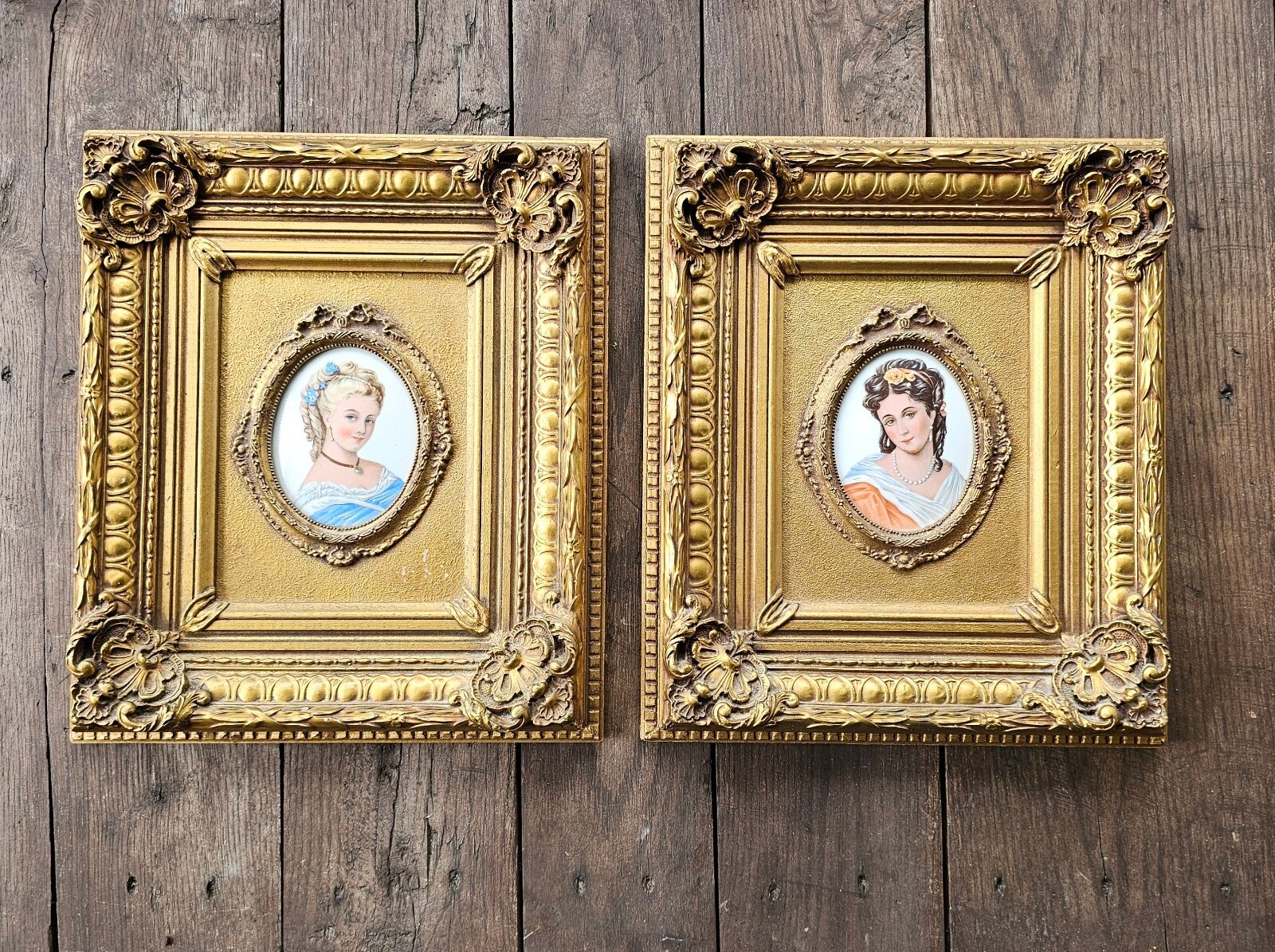 Limoges Porcelain Victorian Cameo Framed Portraits Gold Gilded Pair