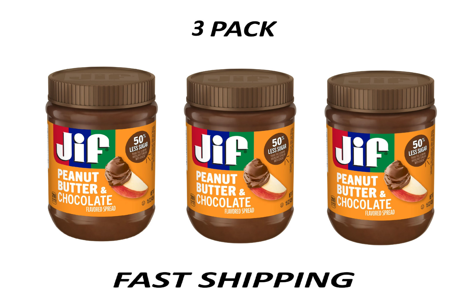 (3 PACK) Jif Peanut Butter & Chocolate Flavored Spread, 15 oz Jar. (3 PACK) Jif Peanut Butter & Chocolate Flavored Spread, 15 oz Jar.
