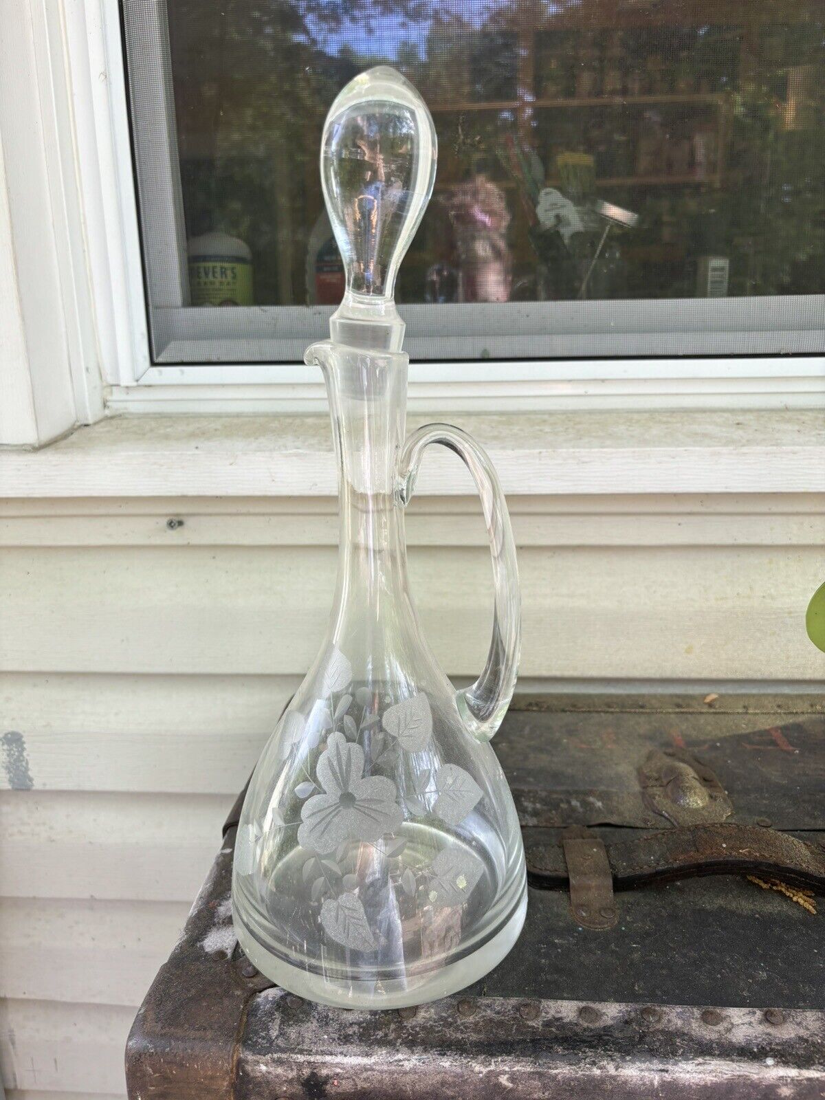 Vintage Mcm 1960 1970 Etched Flower Glass Wine Decanter W Top