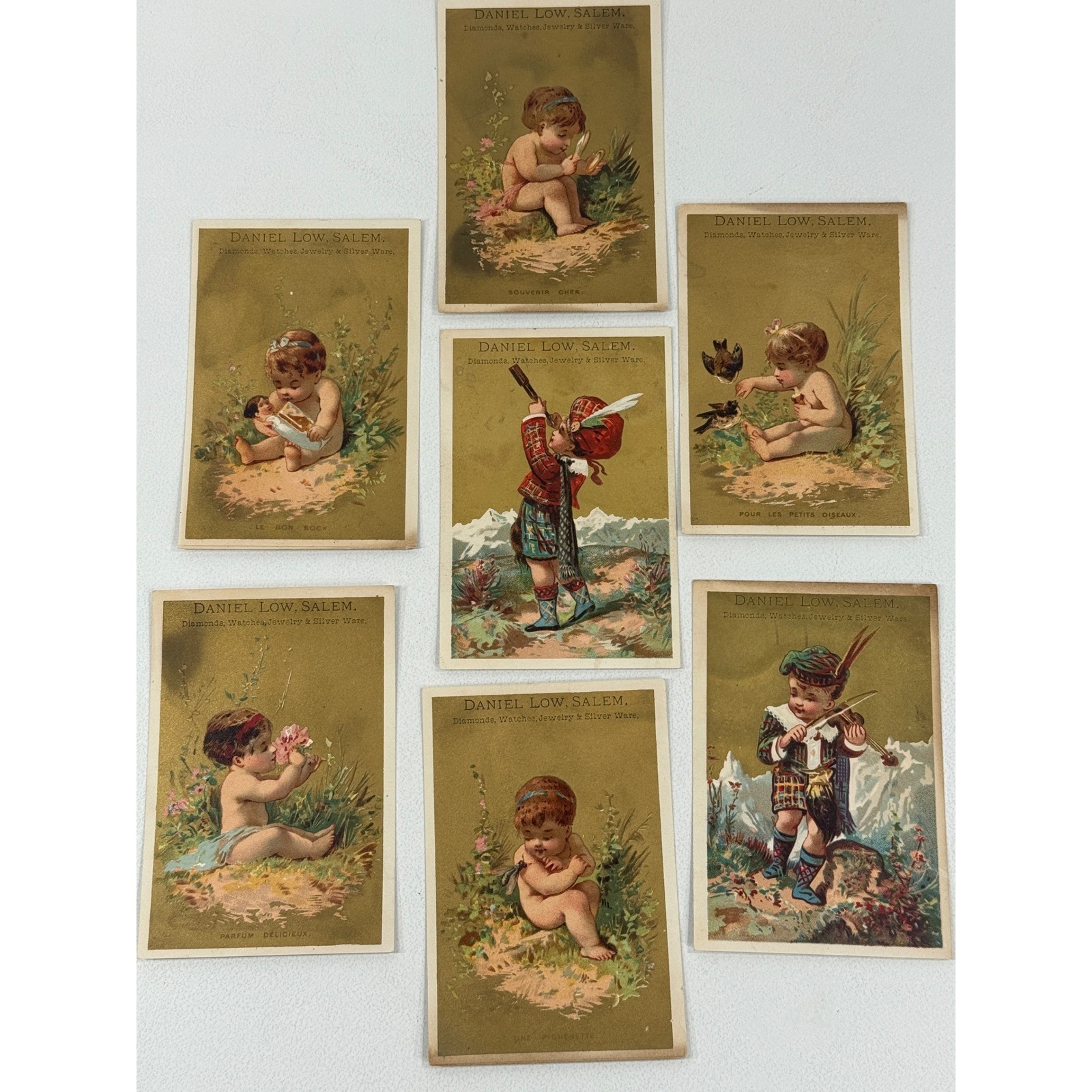 7 Antique Victorian Daniel Low Salem Trade Cards Children Chromolithographs