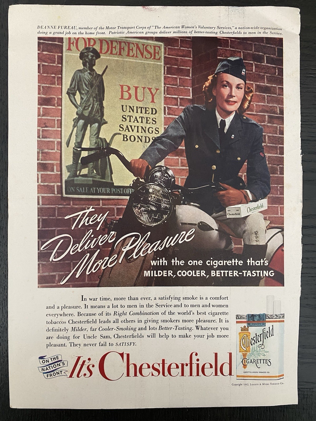 Print Ad Chesterfield Cigarettes 1942 Service Woman 8.5x11 WWII Print Ad Chesterfield Cigarettes 1942 Service Woman 8.5x11 WWII