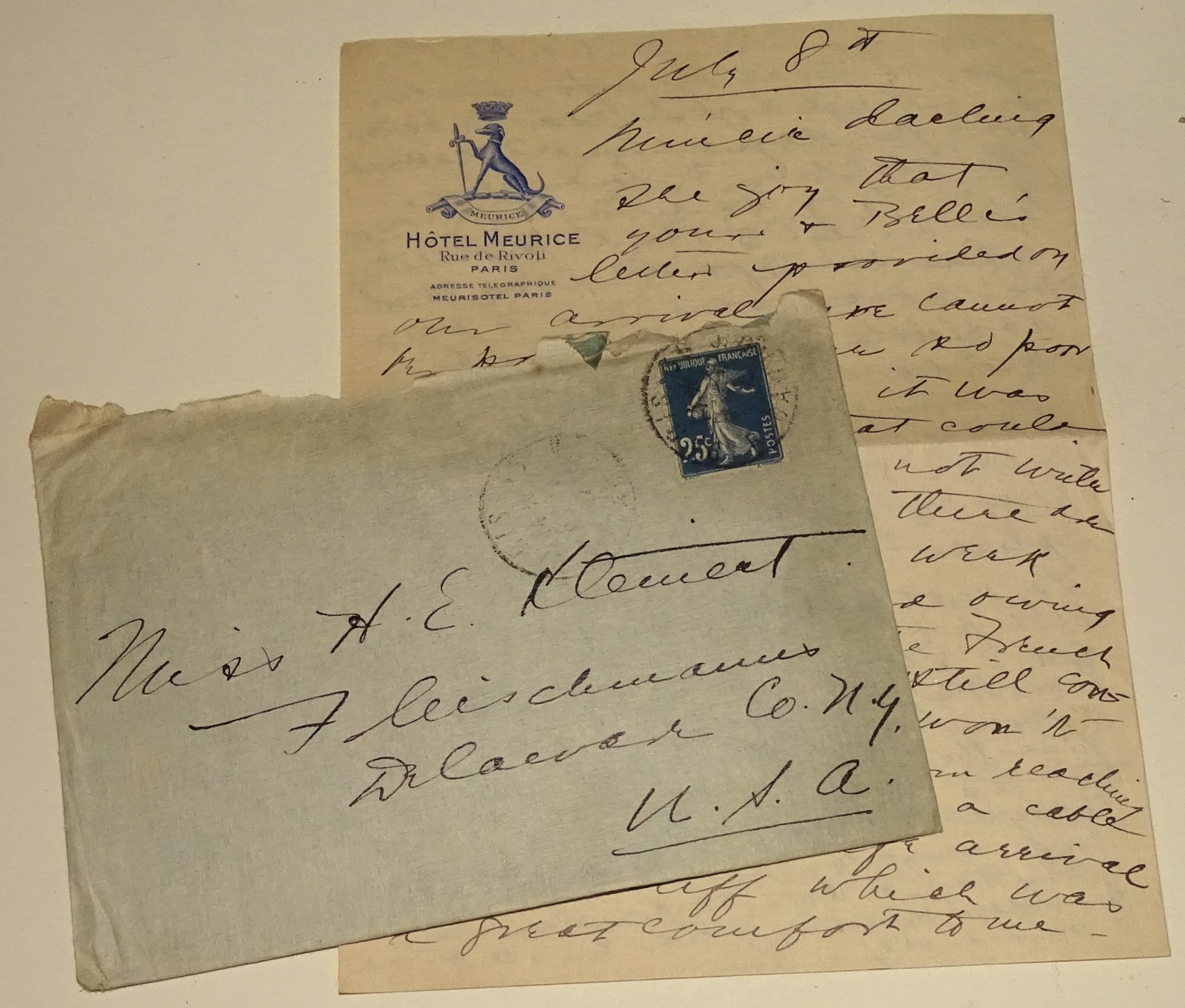 1912 Hotel Meurice Paris France Vintage Handwritten Letter Envelope Catskills NY 1912 Hotel Meurice Paris France Vintage Handwritten Letter Envelope Catskills NY