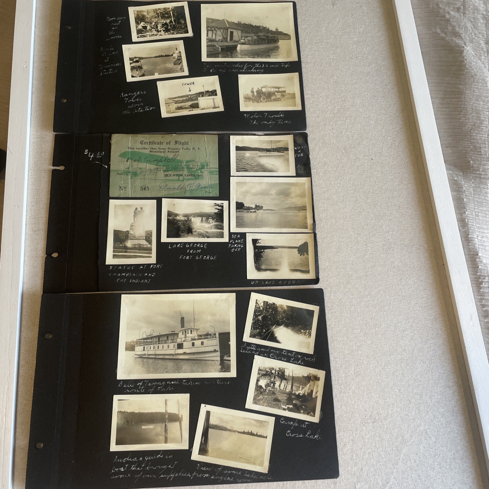 1920s Lake George & Cross Lake NY Photos w/ Sky View Lines Flight Certificate