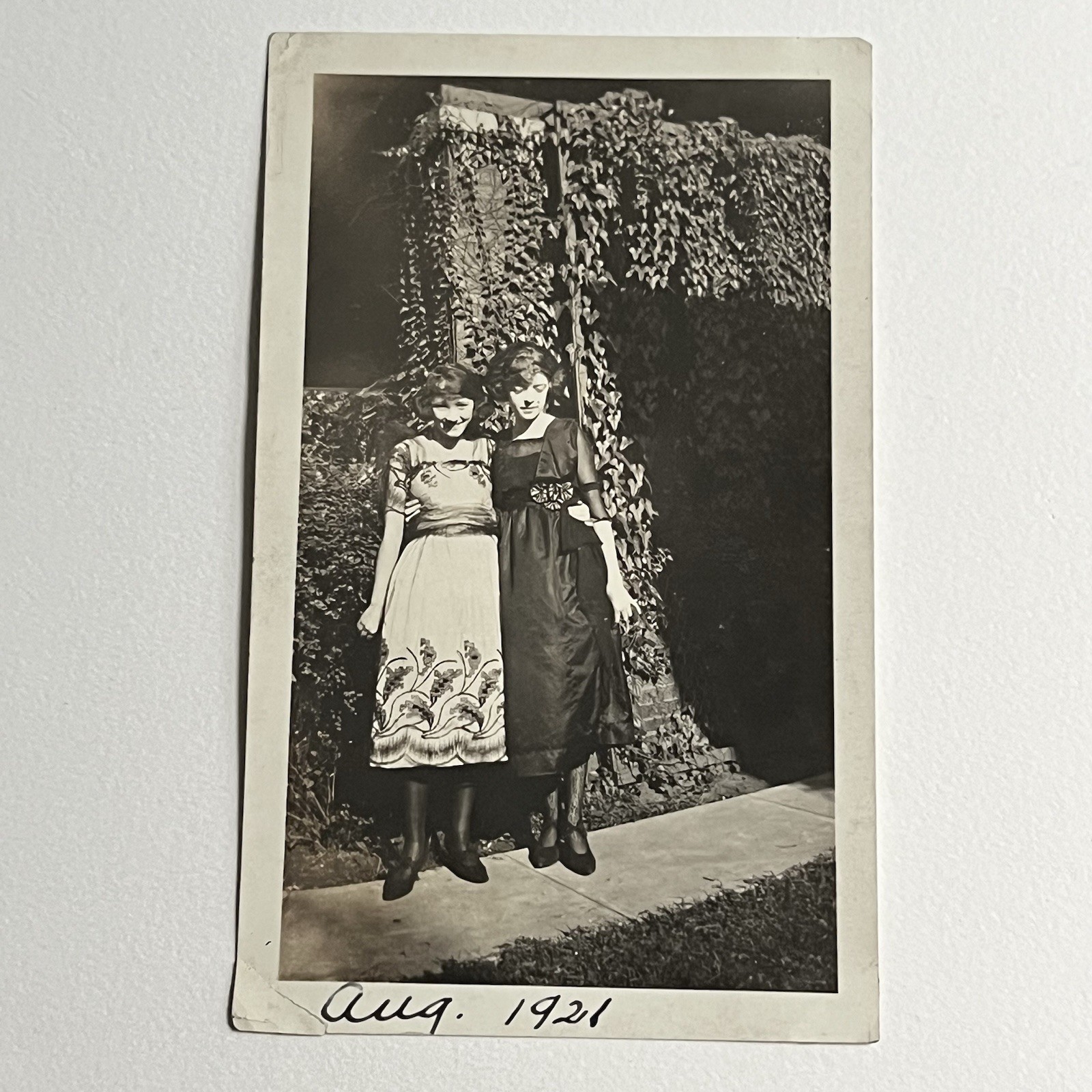 Antique B&W Snapshot Photograph Beautiful Affectionate Flapper Women Outside