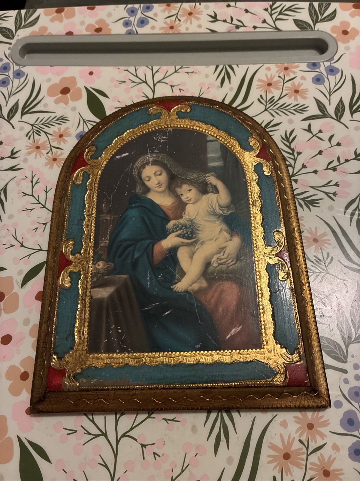 Vintage Italian Wood Wall Plaque Madonna Of The Grapes