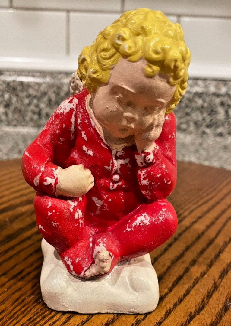 Vintage Chalkware blonde girl with red pajamas 4