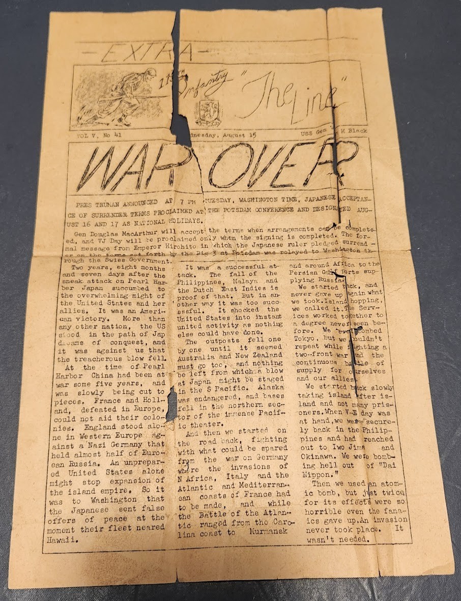 RARE WW2 The Line Vol. V, No. 41 WAR OVER August 15, 1945 Newspaper RARE WW2 The Line Vol. V, No. 41 WAR OVER August 15, 1945 Newspaper