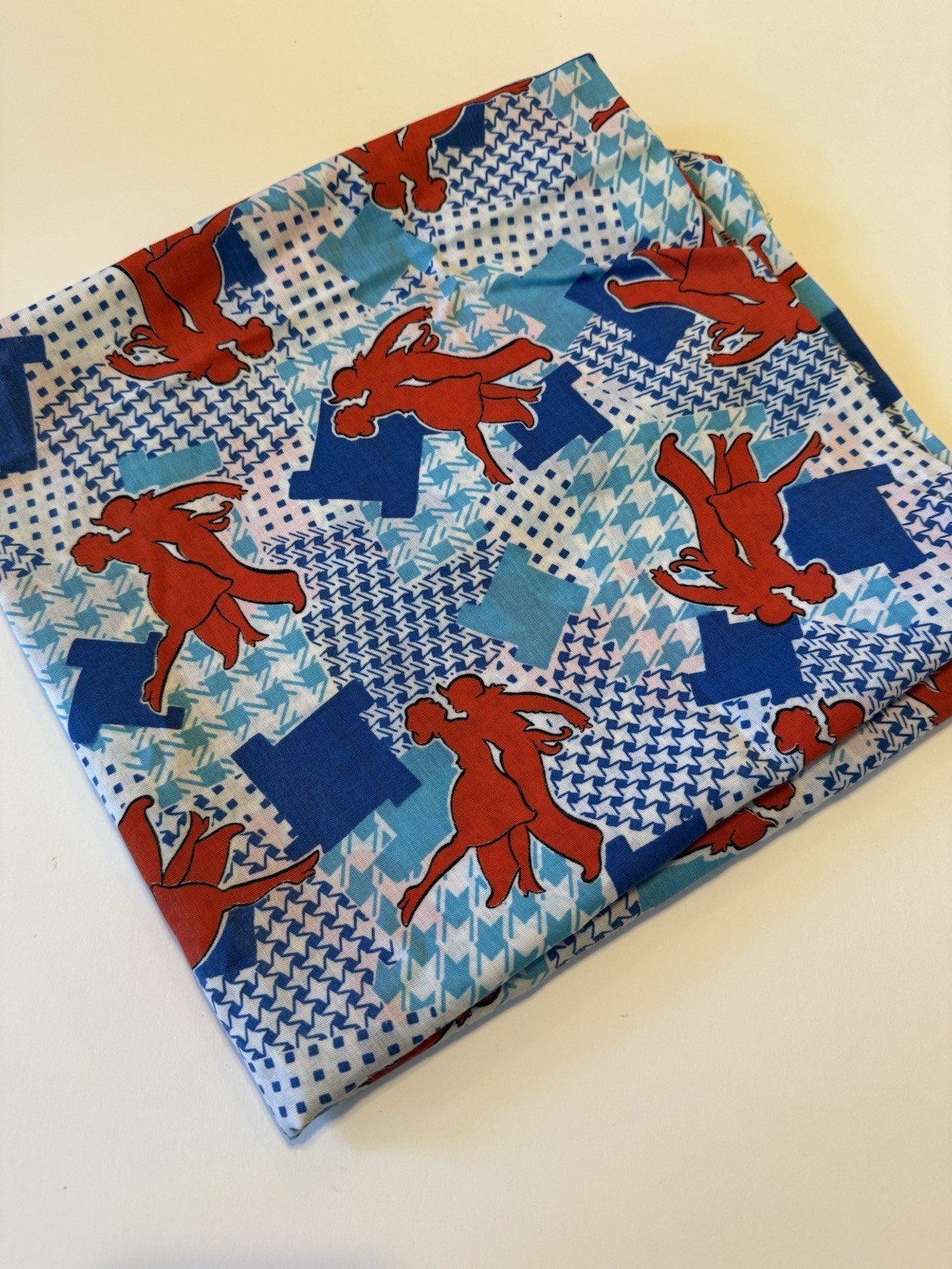 Vintage Fabric Dance Motif Red Blue Geometric Shapes Bandana 2 Yds+ 44” Wide