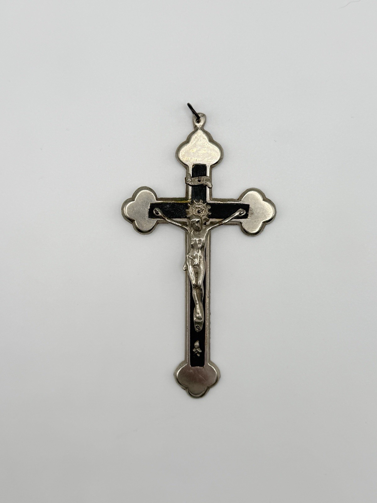 Vintage Antique Budded Crucifix 4.25” L Silver Nickel & Ebony Wood