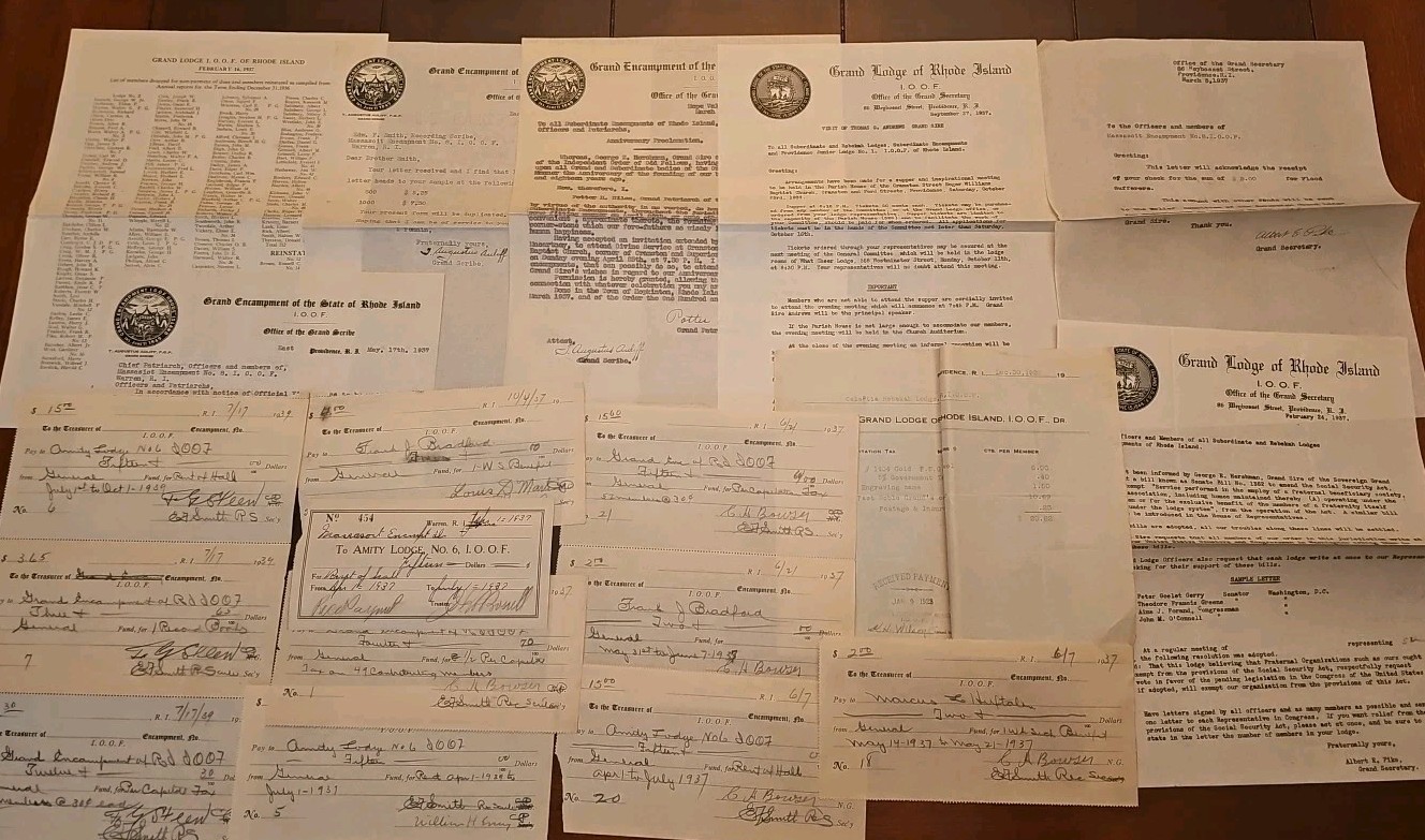 Lot Of 1930\'s I.O.O.F Grand Lodge Of Rhode Island Ephemera Letters Receipts
