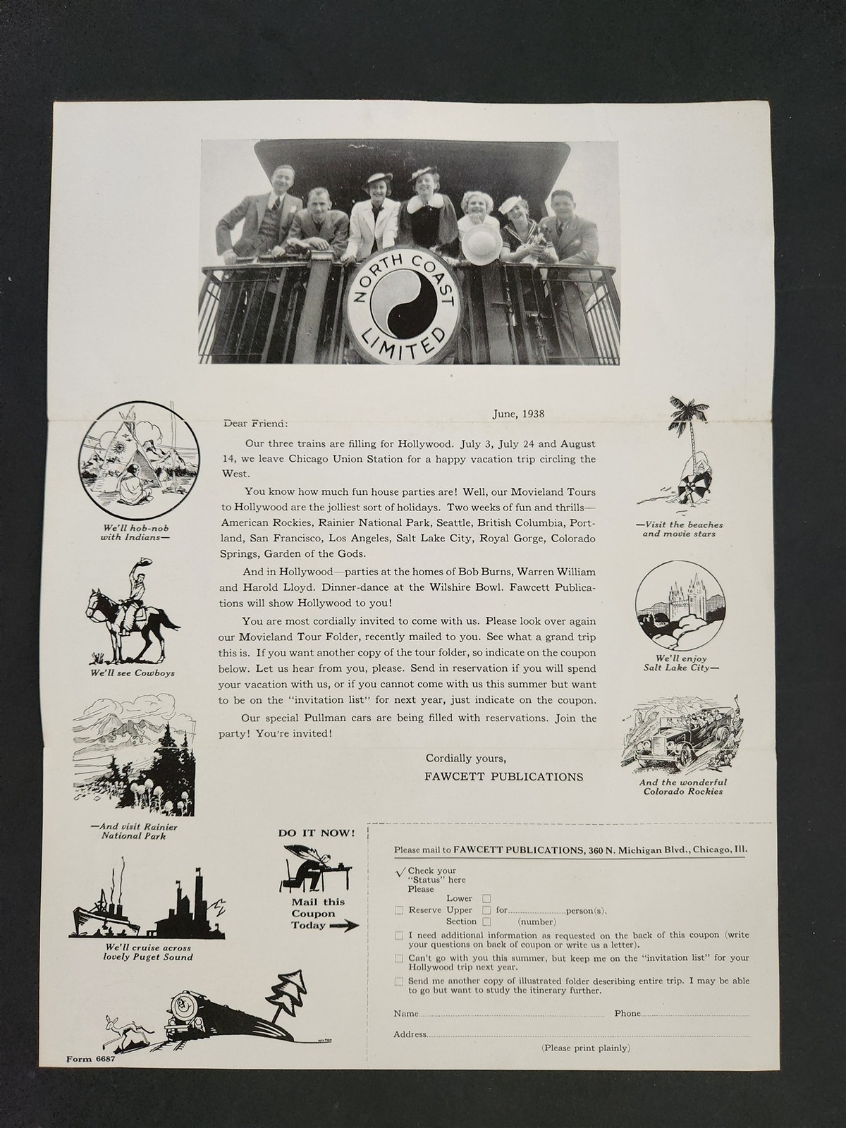 1938 antique FAWCETT MOVIELAND TOUR chicago HOLLYWOOD NORTH COAST LTD brochure