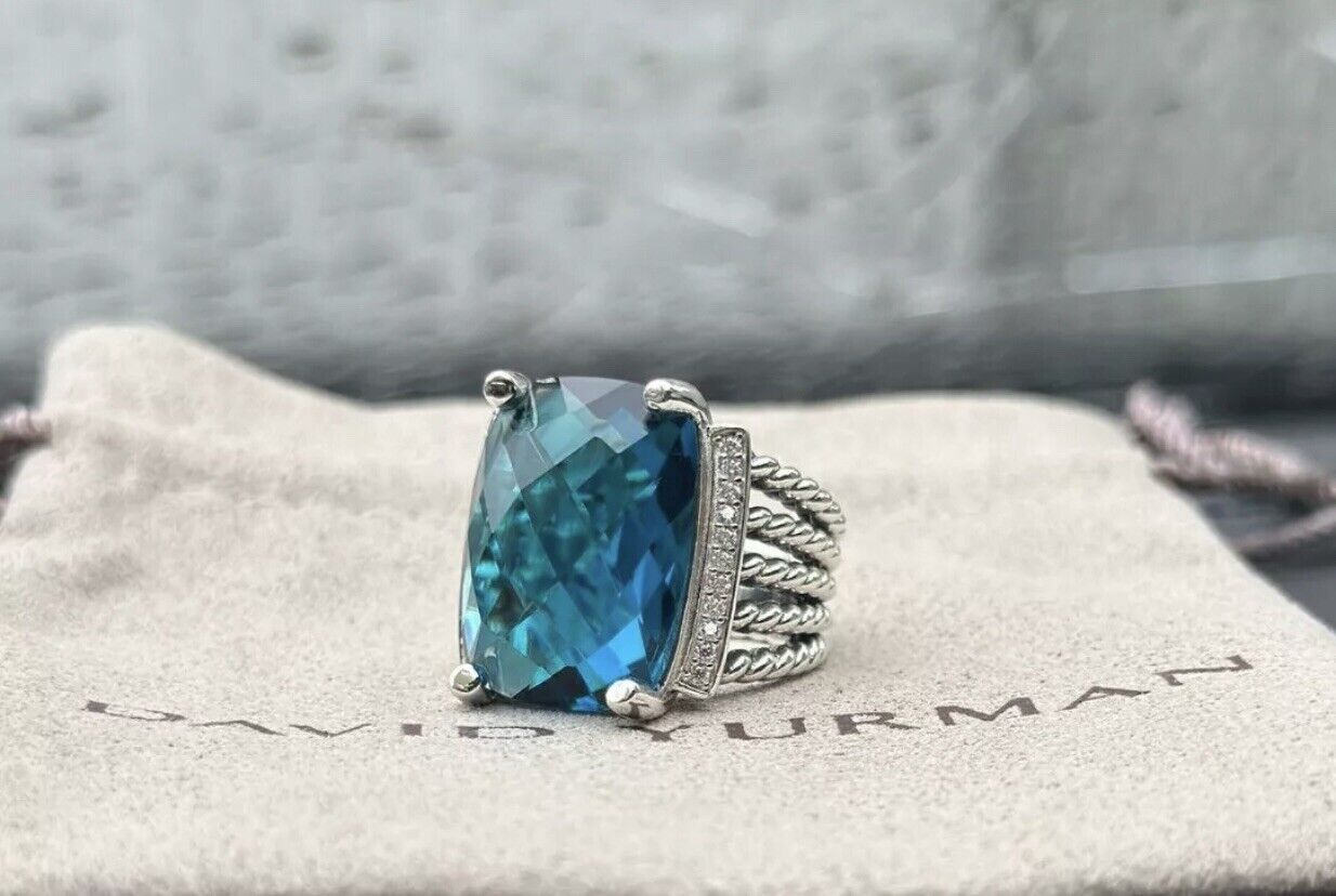 David Yurman Sterling Silver 20x15mm Wheaton Hampton Blue & Diamonds Ring Sz 6