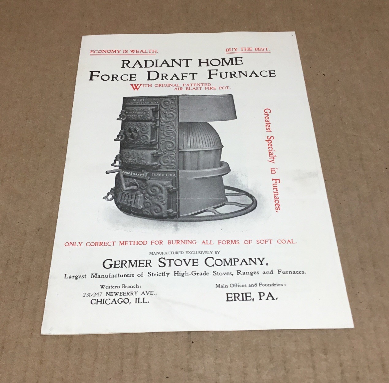 Antique Germer Stove Co Radiant Home Furnace 1906 Brochure Erie Pa Chicago……PA02