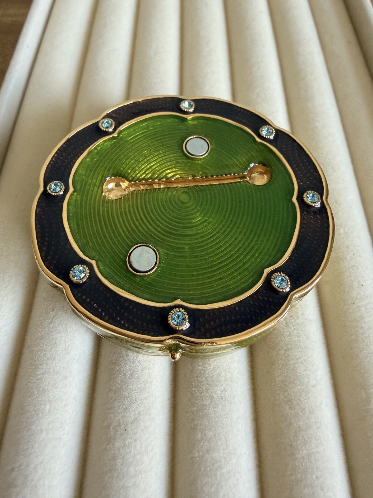 Vtg Joan Rivers Hidden Treasures Green Guilloche Enamel Round Trinket Box ONLY