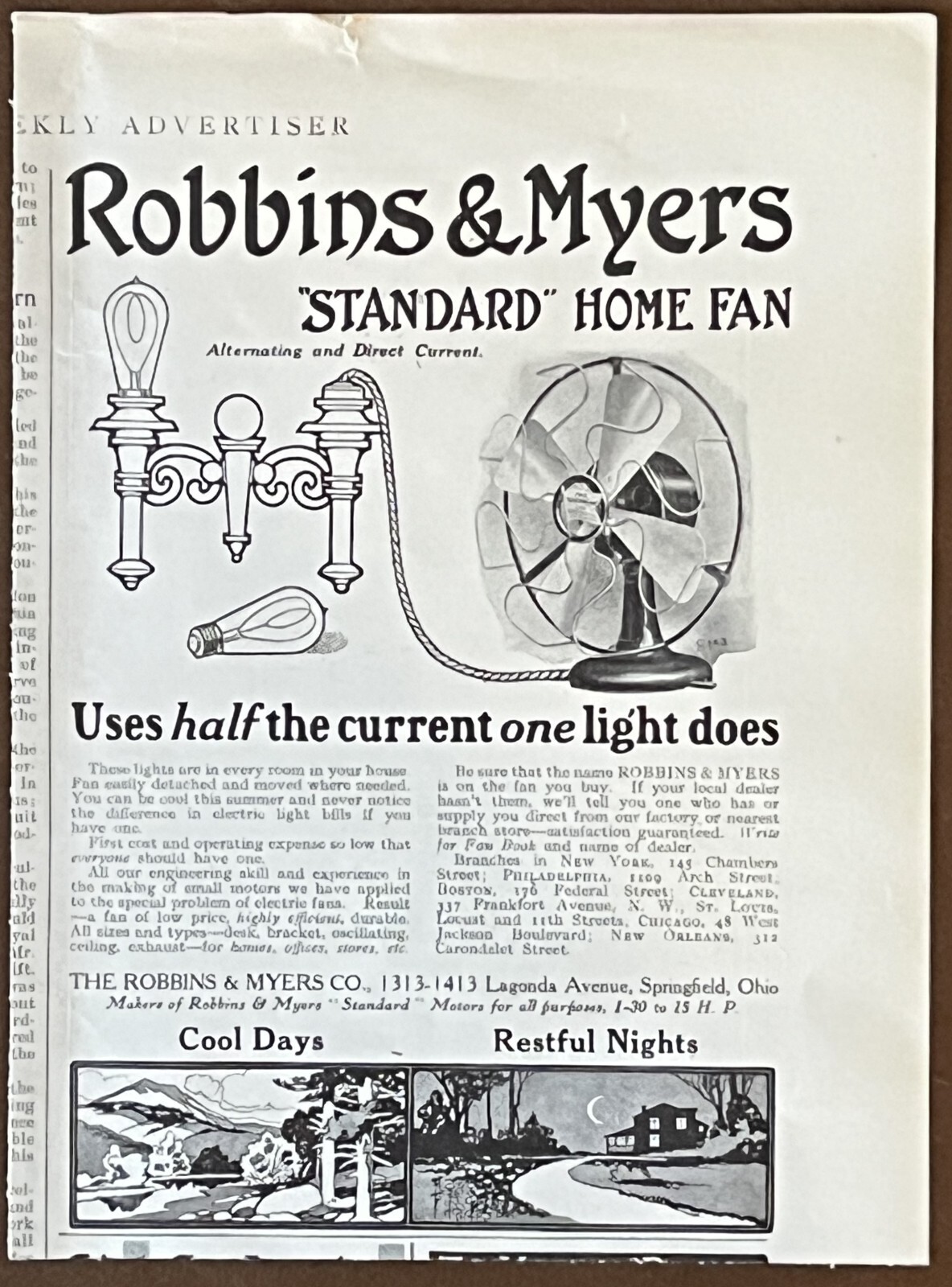 1909 Robbins & Myers PRINT AD July 10th Harpers Weekly Standard Home Fan