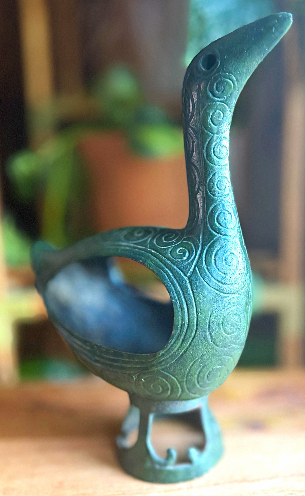MCM Japanese Cast Iron Bird Koro Incense Burner Verdigris Censer Showa Era 10”
