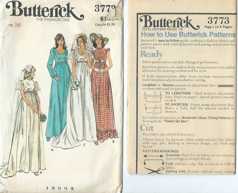 B 3773 sewing pattern 70\'s lovely WEDDING GOWN boho Bridesmaid DRESS sew size 16 B 3773 sewing pattern 70\'s lovely WEDDING GOWN boho Bridesmaid DRESS sew size 16