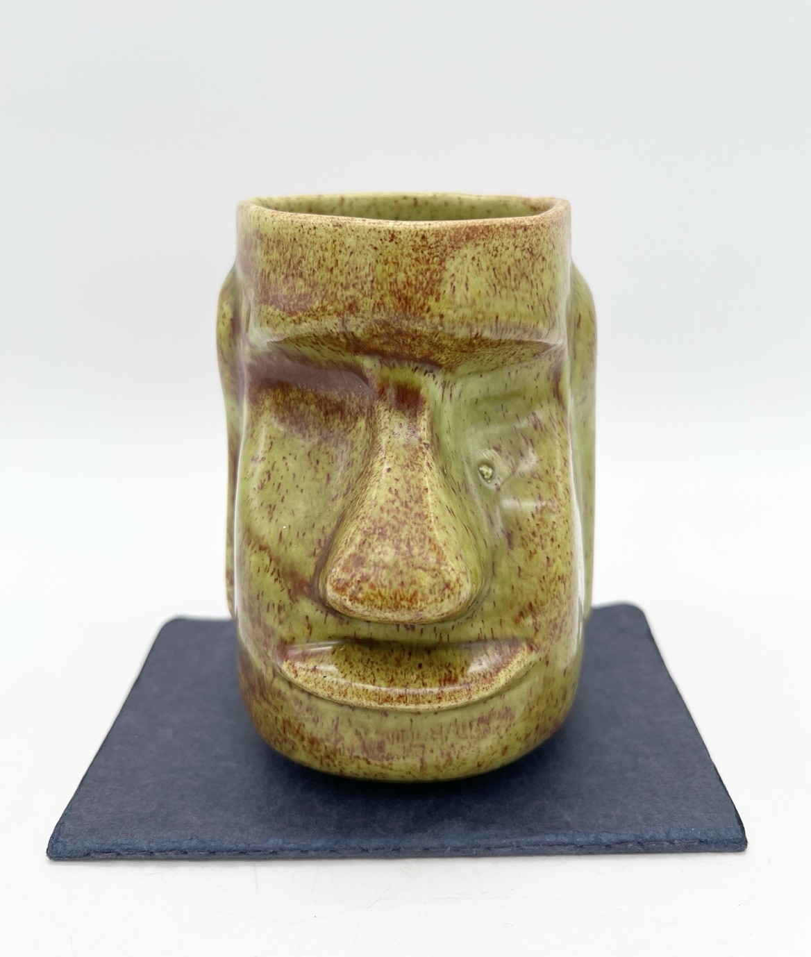 Vintage Hawaii Moai Tiki Mug Green Brown Glazed Ceramic Easter Island Face 5”