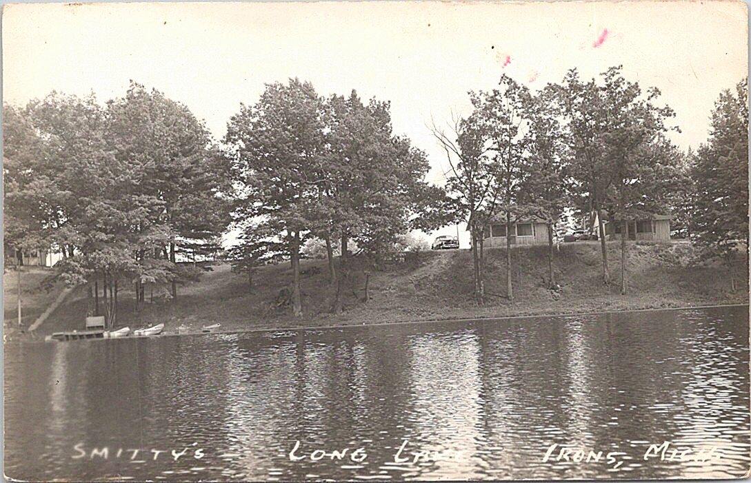 RPPC Irons Michigan Long Lake Smitty\'s Cabins Shoreline View 1950s era