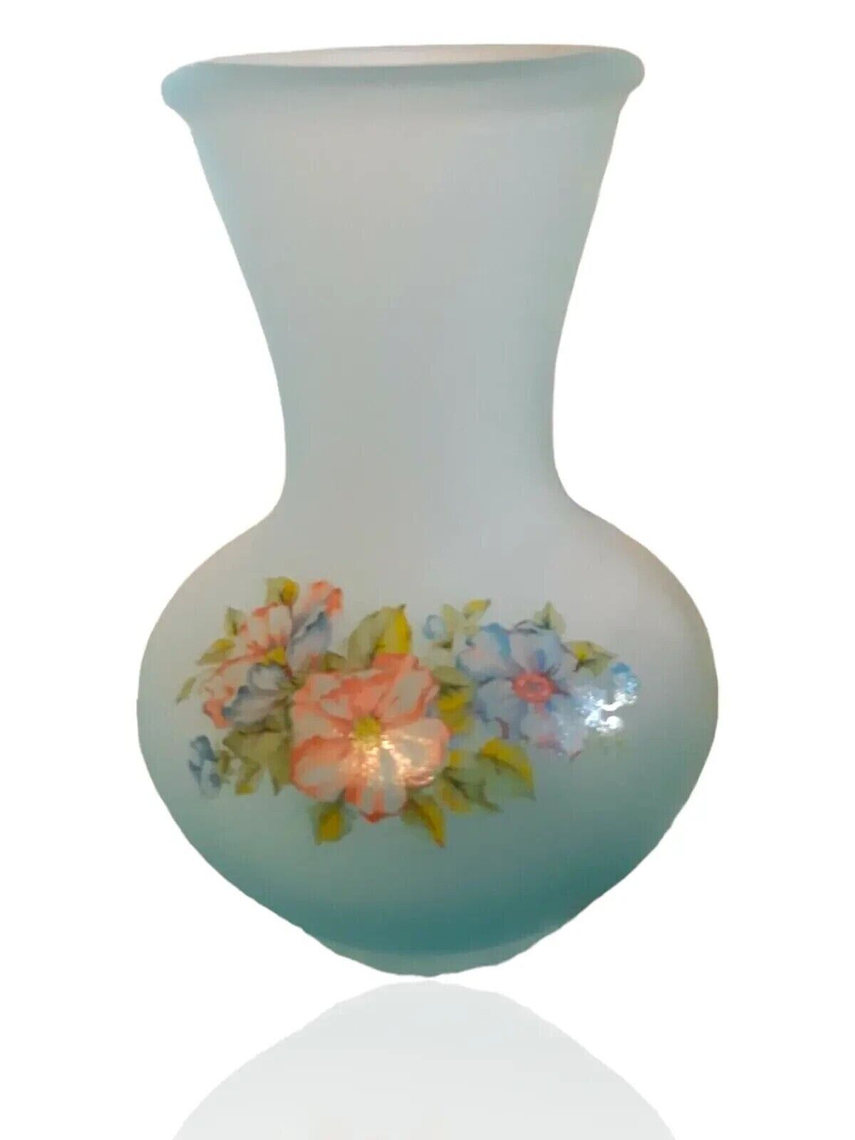 Small Frosted Blue Thick Glass Vase With /Floral Design