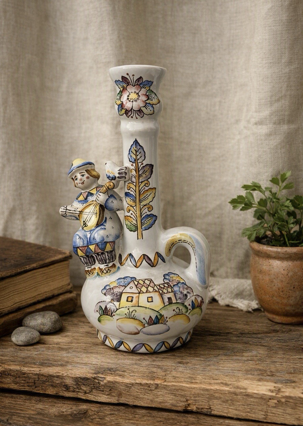 VTG Russian Folk Art Majolica Candlestick Musician Figure Lute Player Ceramic 8”