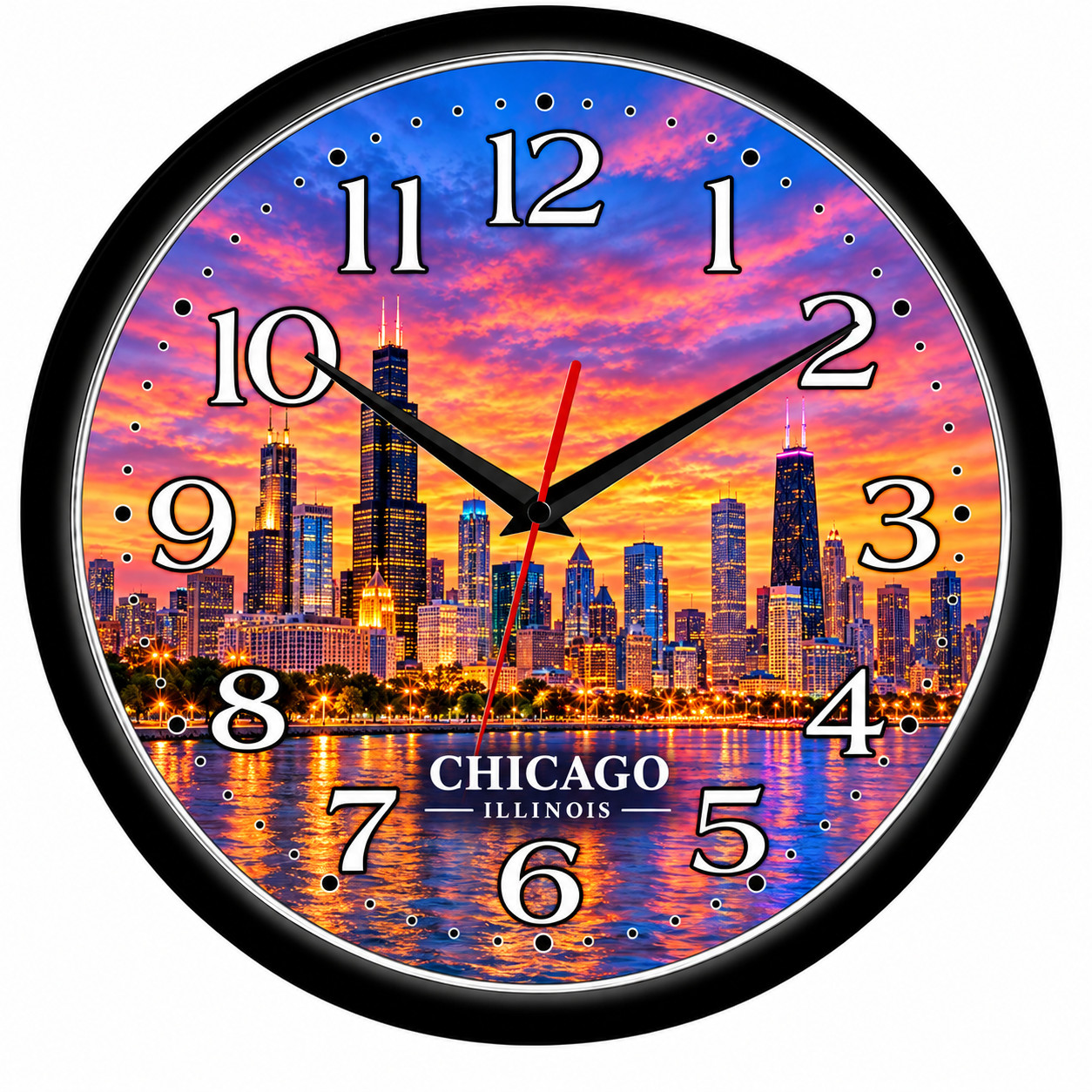 Chicago Illinois Skyline 10 Inch Wall Clock Sunset City Home Decor Gift | Quartz