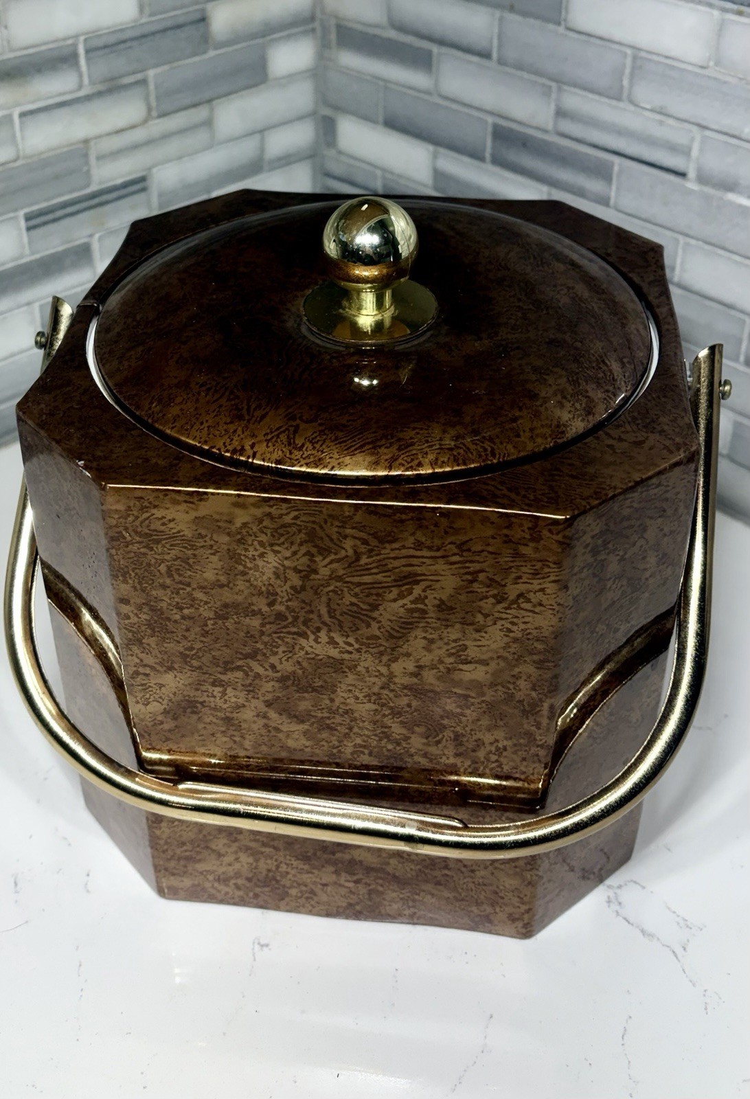 VTG  Mid Century Modern 1960's Georges Briard Tortoise Ice Bucket w Gold Handle
