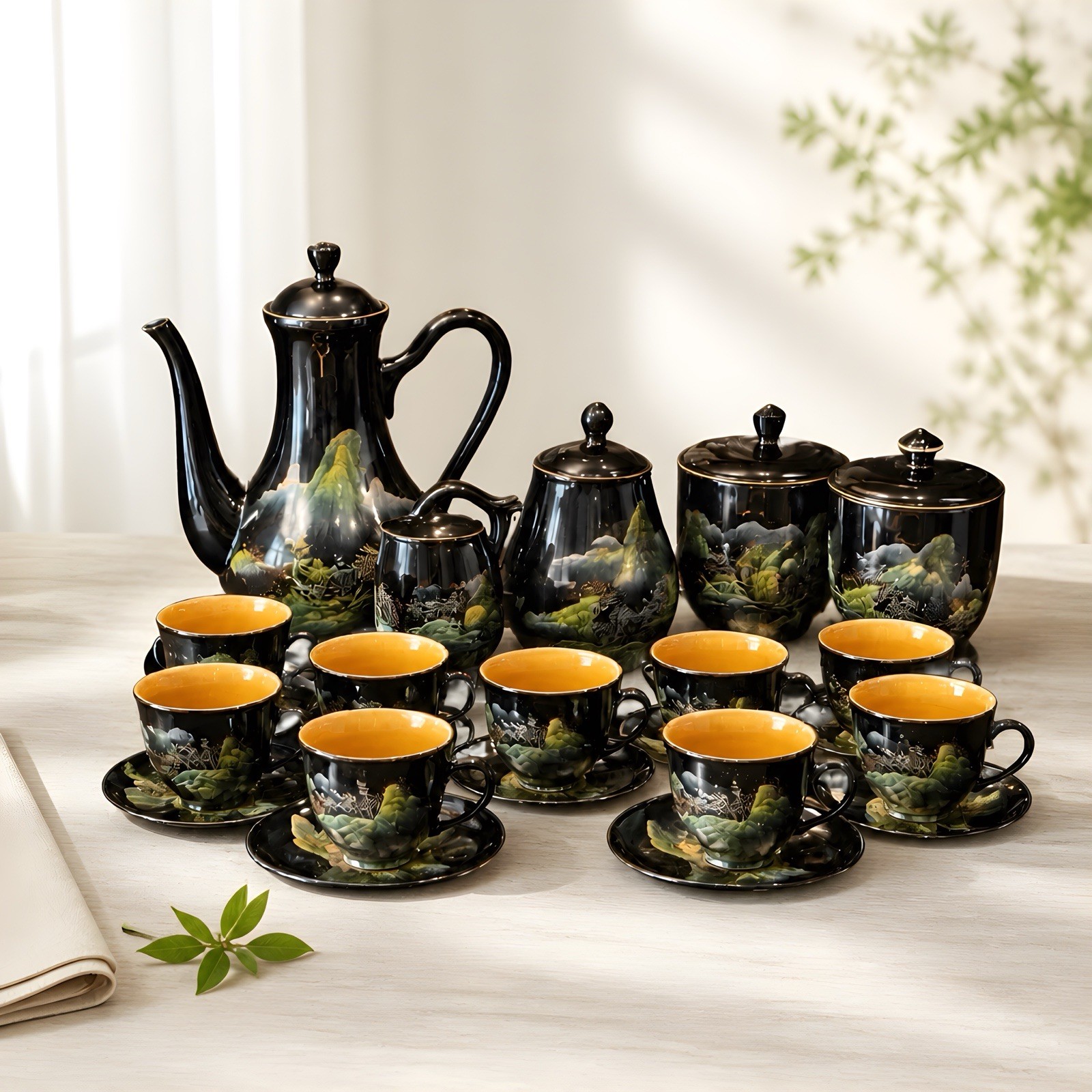 Vintage Wood Lacquerware 29 Piece Tea Service  1970\'s made in China