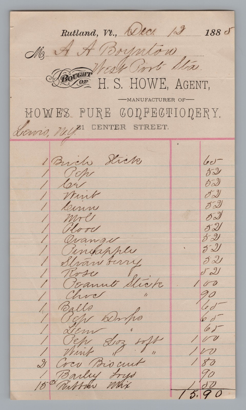 1885 Rutland VT Billhead Receipt H.S. Howe Pure Confectionery Candy Antique