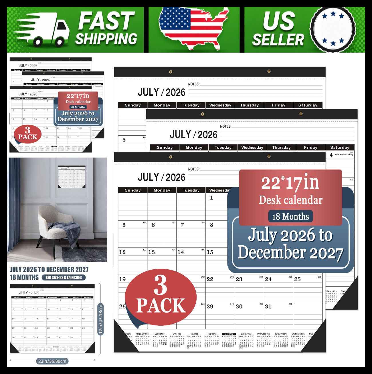 3 Pack Large Desk Calendar July 2026-Dec 2027 22 x 17 Black Plastic Cover 3 Pack Large Desk Calendar July 2026-Dec 2027 22 x 17 Black Plastic Cover