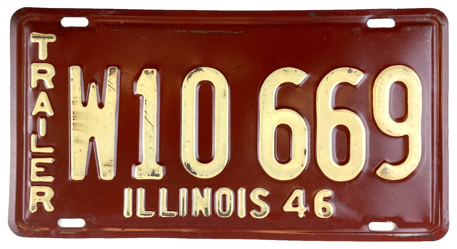 Vintage Illinois 1946 Trailer License Plate W 10 669 Garage Airstream Garage