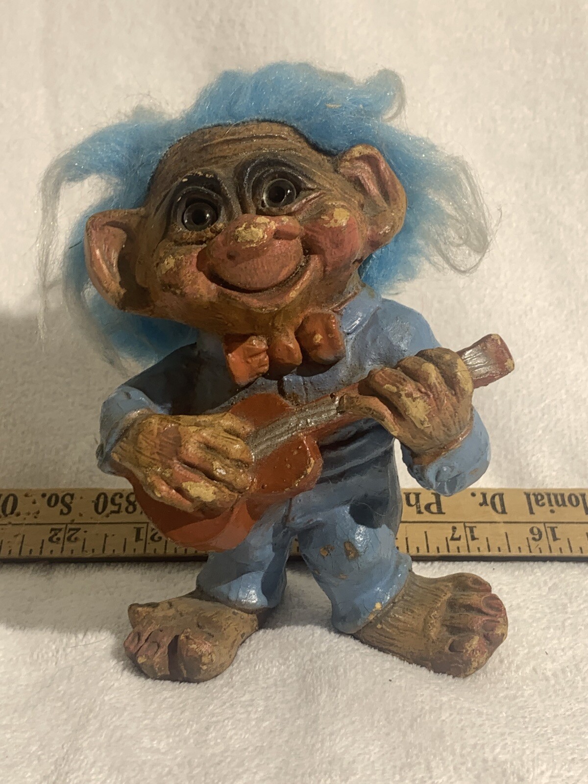 Vintage Hand Carved Wooden Good Luck Trolls RARE BLUE HAIR Guitar Music Figure