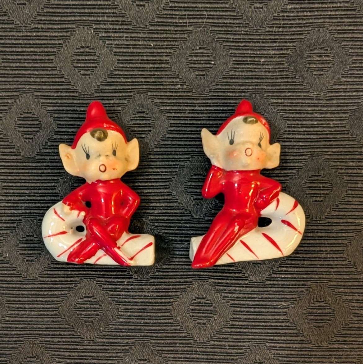 Vtg Playful Pixie Elves PAIR on Peppermint Canes Holt Howard 1950s Porcelain Vtg Playful Pixie Elves PAIR on Peppermint Canes Holt Howard 1950s Porcelain