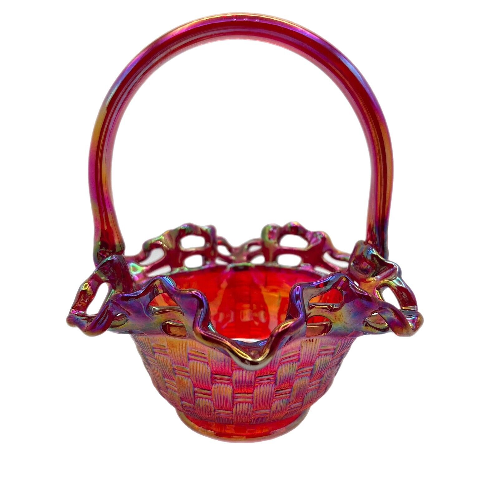 Vintage Red Carnival Glass Open Lace Edge Basket Weave Basket Fenton?