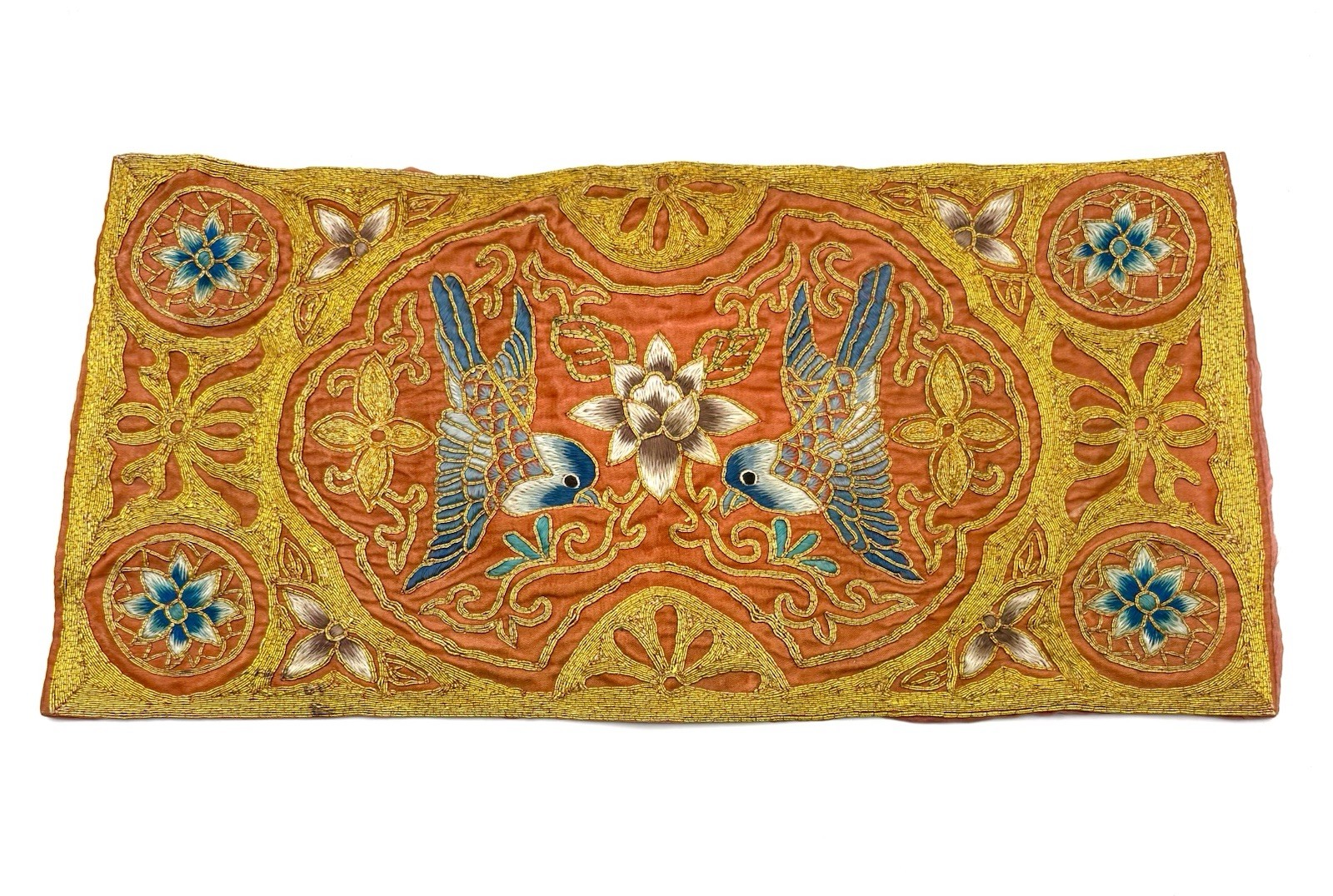 Antique Chinese Silk Embroidery Panel Birds & Lotus with Goldwork Silk 19th C