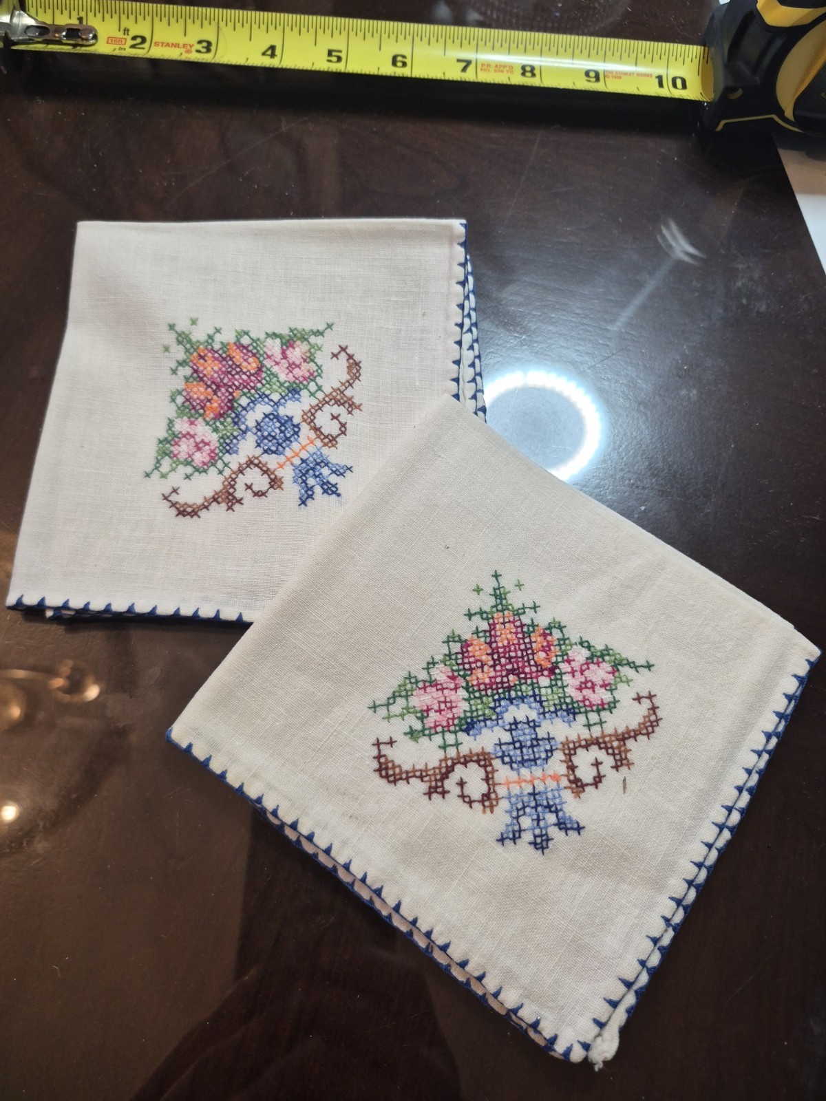 Vintage Linen Napkin Blue Cross Stitch Embroidered Set of two 9” Square Vintage Vintage Linen Napkin Blue Cross Stitch Embroidered Set of two 9” Square Vintage