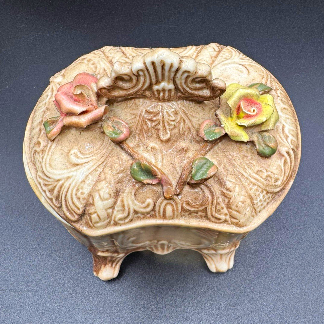 Vintage Italian Capodimonte footed Porcelain Trinket Box. Old and beautiful